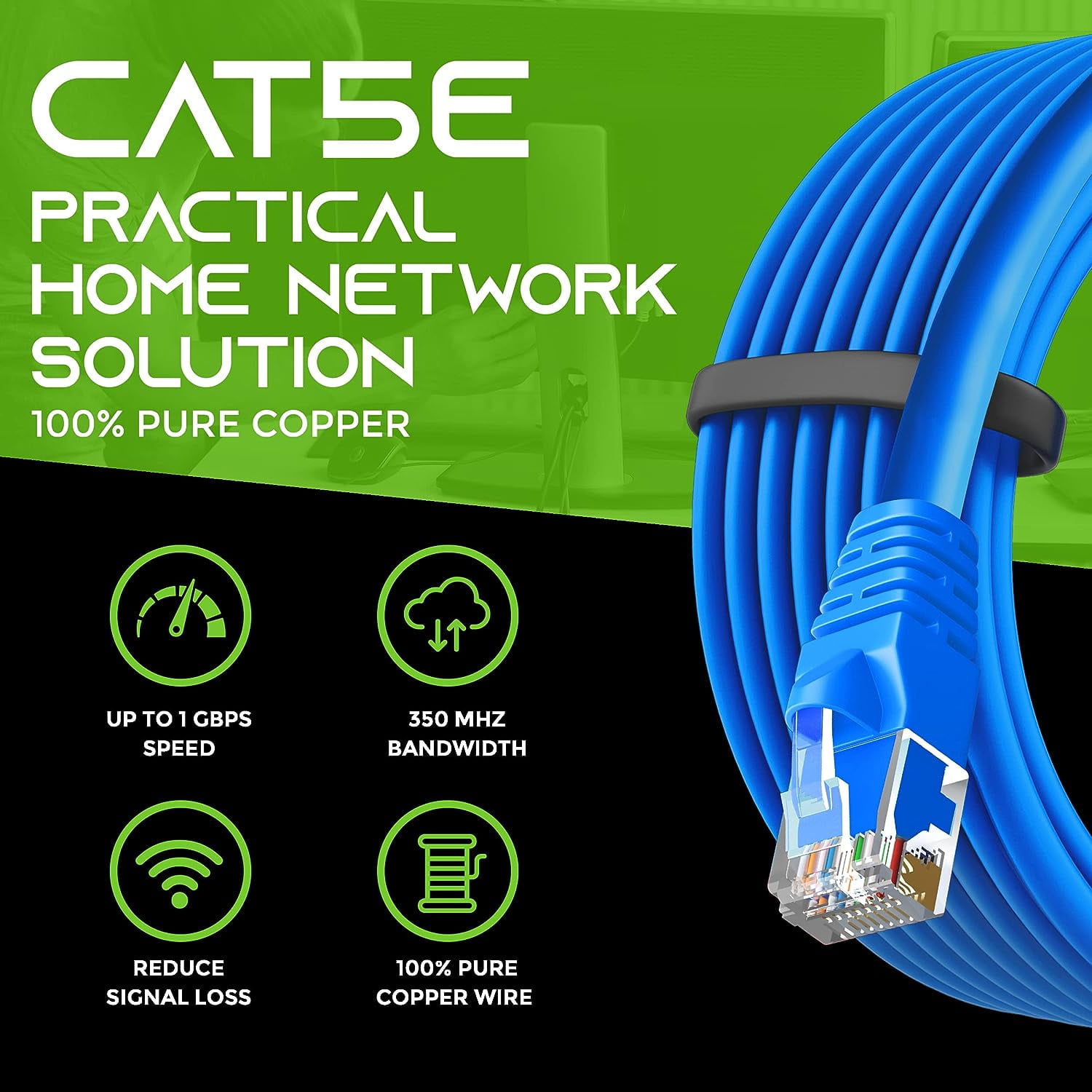 GearIT Cat 5e Ethernet Cable Cord Snagless Copper UTP Network Cable, 2 ft 24-Pack Blue