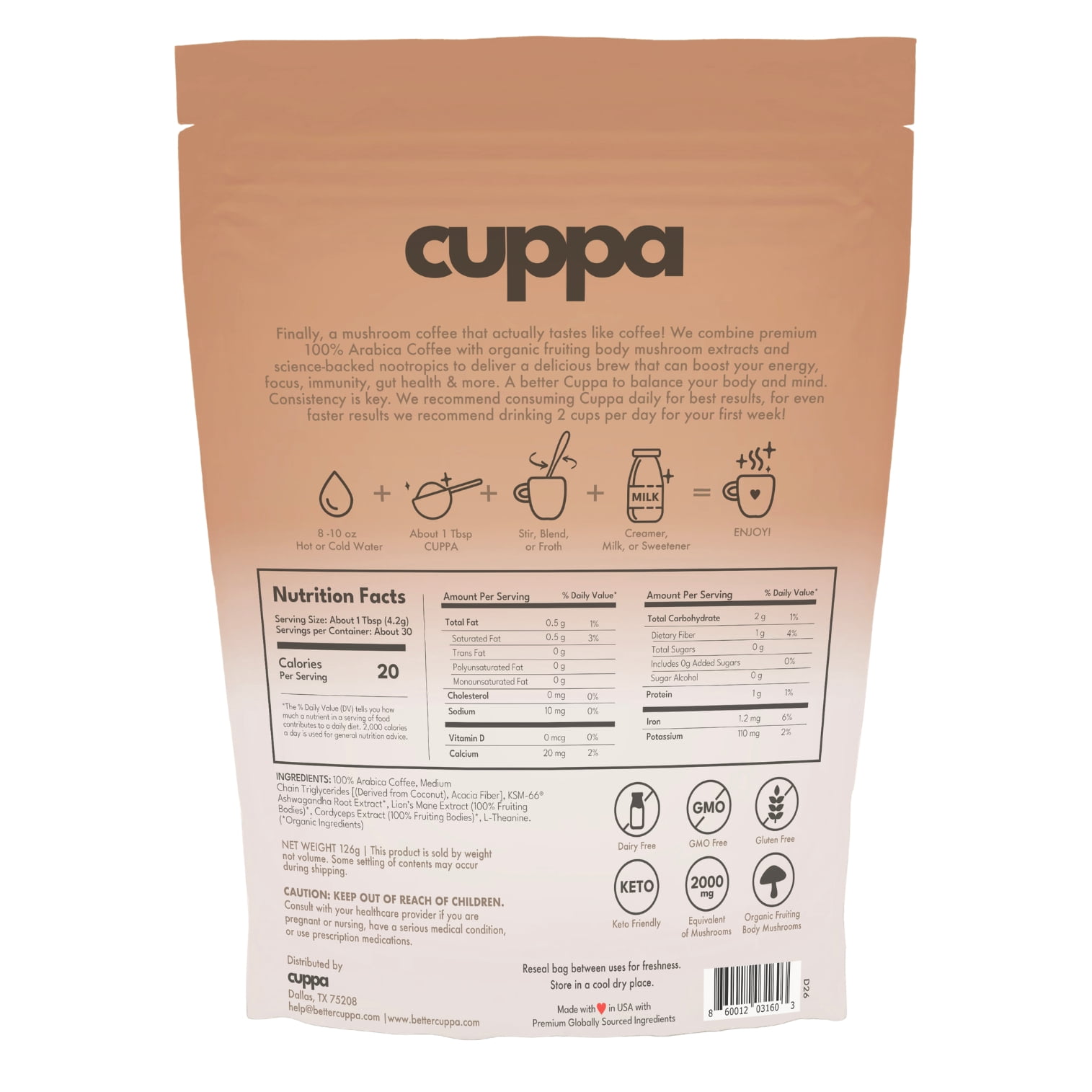 Cuppa Medium Roast Mushroom Instant Coffee with Lion's Mane and Ashwagandha for All Day Energy and Focus - No Crash or Jitters - 30 Servings