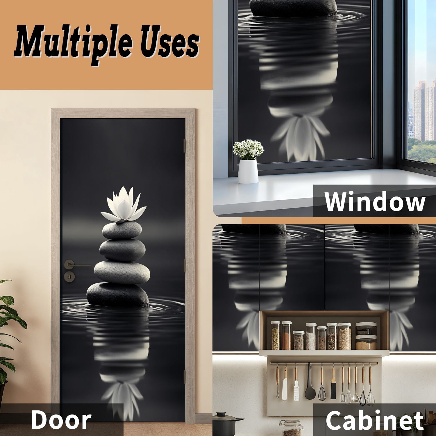 Self Adhesive Vinyl Refrigerator Wrap Set Serene Stacked Stones White Lotus Calm Water Spiritual Calm Door Mural Removable Fridge Sticker Peel and Stick&nbsp;Full Door Cover Decal Kitchen Bar Decor