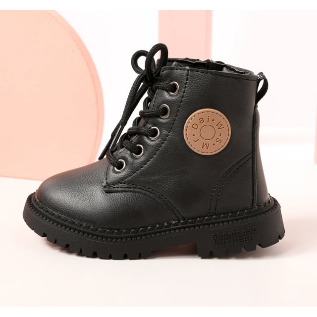 PatPat Botas de cuero con cordones para niñas y niños, estilo pato, altas, ideales para la escuela, en negro, blanco y rosa (tallas de niño pequeño a niño grande), regalo perfecto.