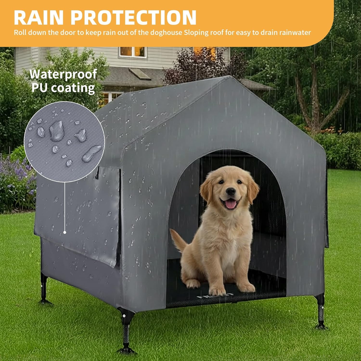 42" Dog House Outdoor Indoor with Breathable Mesh Windows, 2-in-1 Outside Dog House Elevated Dog Bed Cot Dog Tent Shade Shelter, Easy to Assemble & Clean (42 INCH)