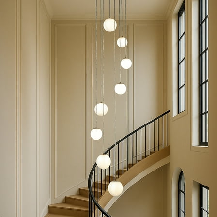 18'' 8-Light Modern White Opal Glass Staircase Chandelier Globe Bubble Glass Pendant In Matte Black For Foyer Entryway