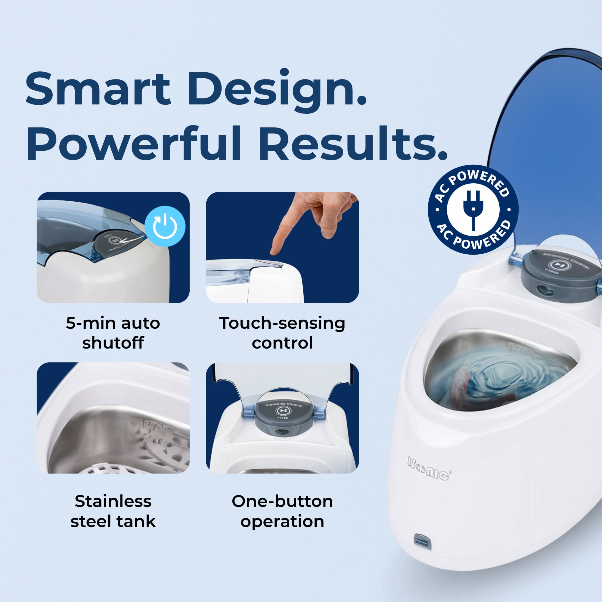 iSonic F3900 Ultrasonic Denture and Retainer Cleaner, 42 Khz, Stainless Steel Tank, 0.2 L, White