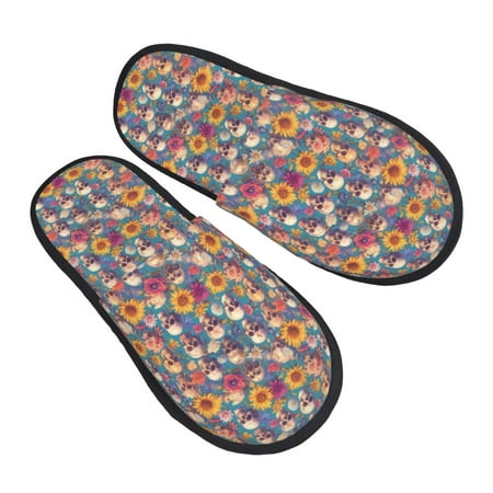 

KLL Skull sunflower daisy Slippers for Women Men House Slip on Indoor Outdoor Bedroom Furry Fleece Lined Ladies Comfy Anti-Skid Rubber Hard Sole-Large