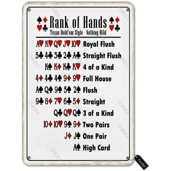 Poker Rank of Hands Vintage Look 20X30 cm Iron Decoration Art Sign for Home Kitchen Bathroom Farm Garden Garage Inspirational Quotes Wall Decor