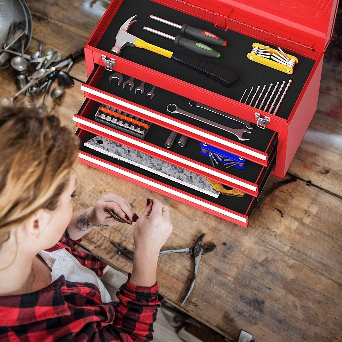 Portable Steel Tool Box with 3 Drawers & Top Tray, Heavy Duty  for Mechanics and Home Use