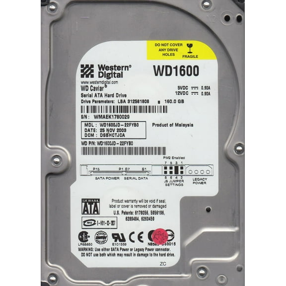 WD1600JD-22FYB0, DCM DSBHCTJCA, Western Digital 160GB SATA 3.5 Hard Drive