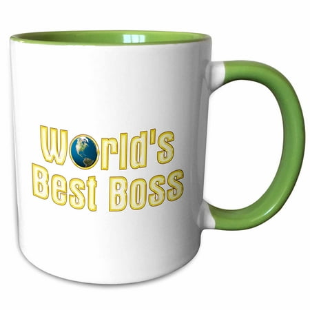 3dRose Gold text Worlds Best Boss with globe on white background - Two Tone Green Mug,