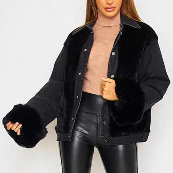 CALAFEBILA Women Denim Tops Womens Fall Fashion 2023 Fleece Jean Jacket Long Sleeve Patchwork Single-Breasted Plus Size Denim Jacket With Pockets