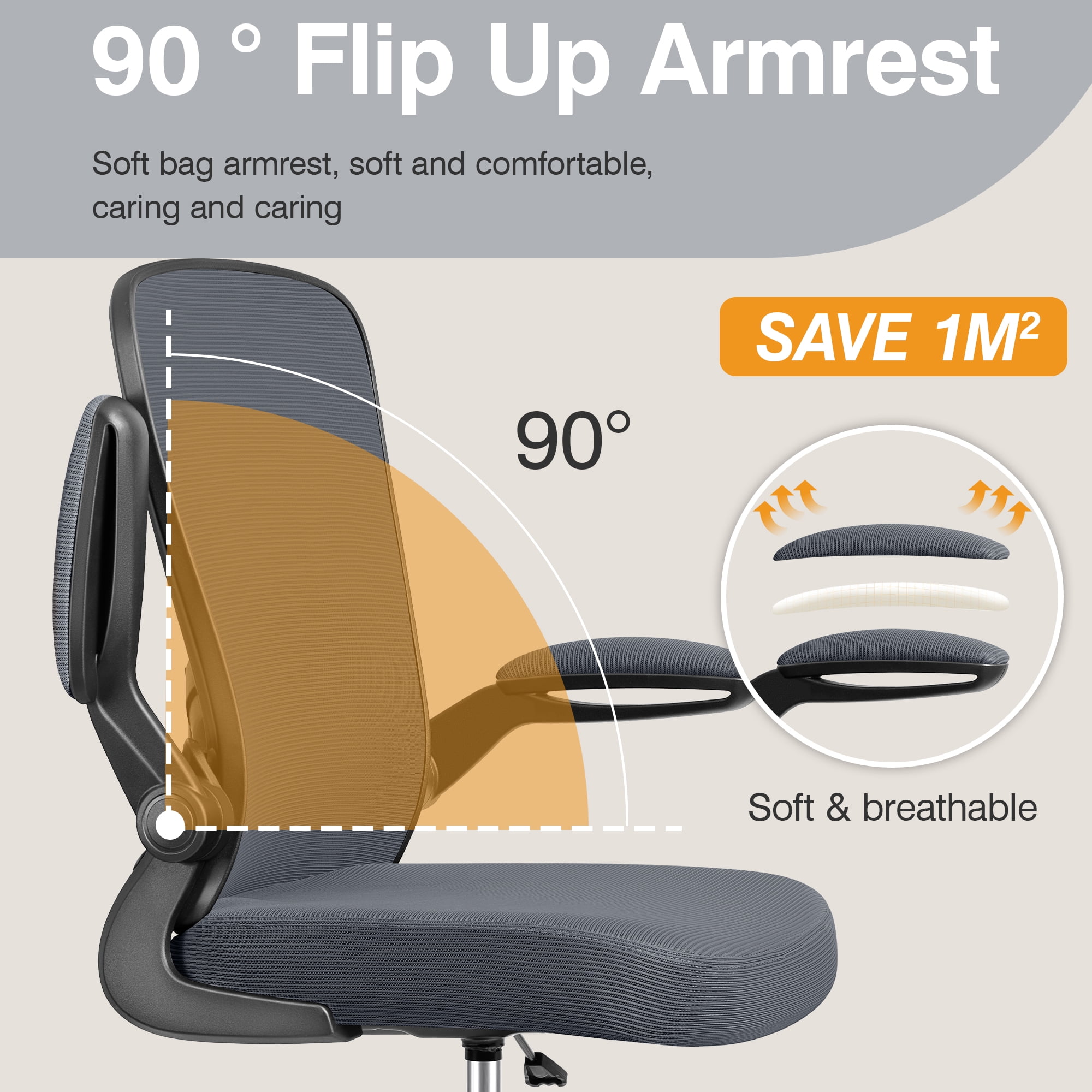 COOLHUT Home Office Chair with Flip-up Armrests for Standing Desk, Ergonomic Computer Office Desk Chair with Adjustable Foot Ring, Office Desk Chairs with Adjustab Lumbar Support, Dark Gray