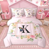 Homewish Butterfly Monogrammed K Twin Bedding Sets 7-Piece for Kids, Romantic Pink Initial Letter Bedding Comforter Set, Cartoon Theme Reversible Sheet Sets, Breathable Home Decor