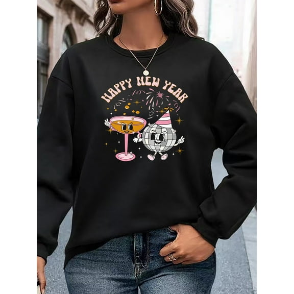 Women's Elegant Casual New Year Graphic Print Sweatshirt - Happy New Year Lettering with Festive Champagne & Fireworks Design Long Sleeve Crew Neck Pullover, Machine Washable Holiday Party Apparel