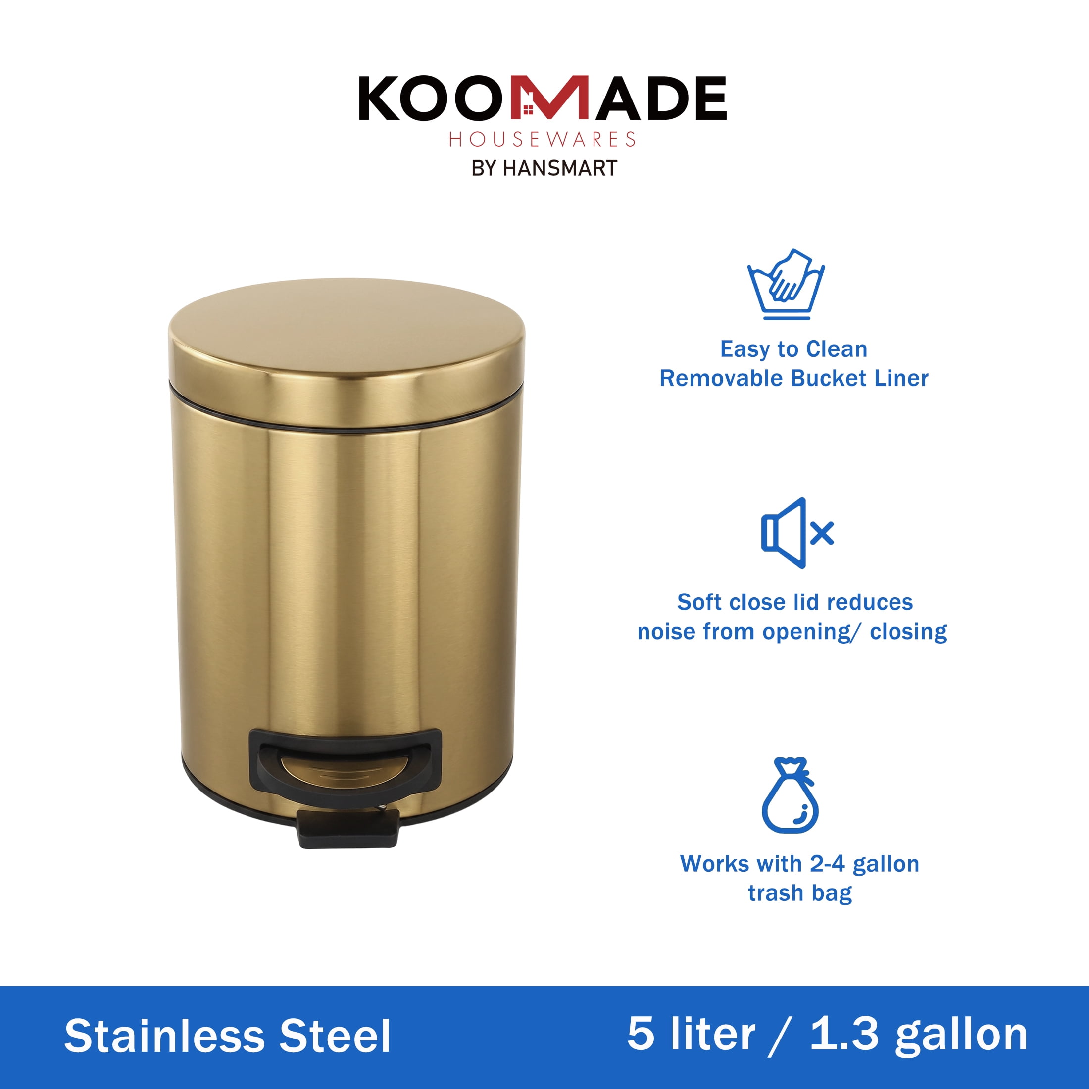 Koomade 2 Pack Bathroom Kitchen Trash Can, 1.3 Gallon Stainless Steel Step Round Garbage Bin, Gold