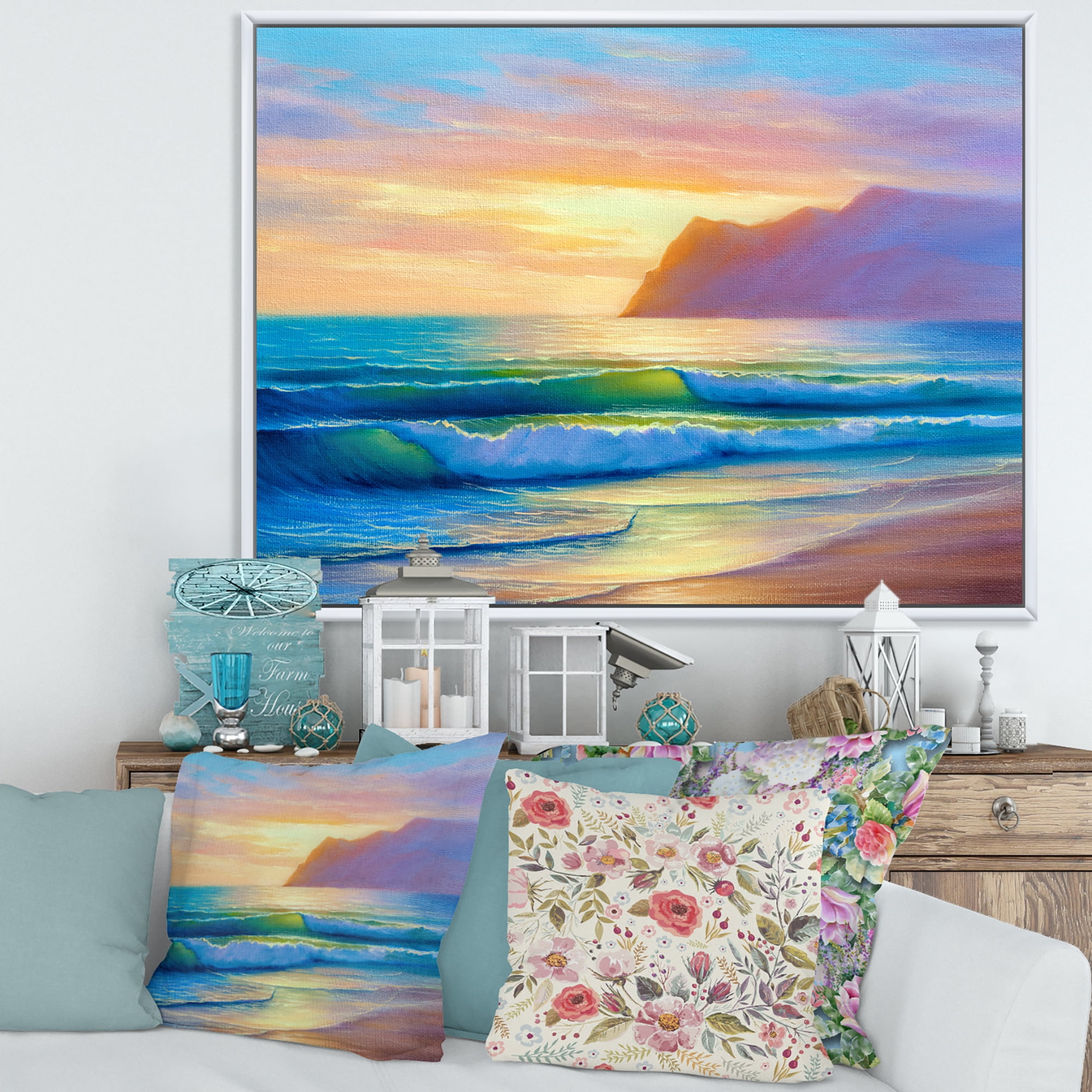Designart 'Sunrise Glow On The Sea Waves IV' Nautical & Coastal Framed Canvas Wall Art Print