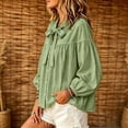 thumbnail image 5 of Ayolanni Scoop Neck Blouses for Women Solid Ruched Cotton Linen 3/4 Sleeve Blouse Puff Ladies Tie Front Button Down T-Shirt Womens Tops Green S, 5 of 6