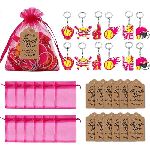 Serencatcher 36Pcs Softball Party Favors for Girl, Softball Party Decorations with Softball Keychains Thank You Gift Tag Hot Pink Organza Bags for Softball Sports Team Gifts Club Rewards
