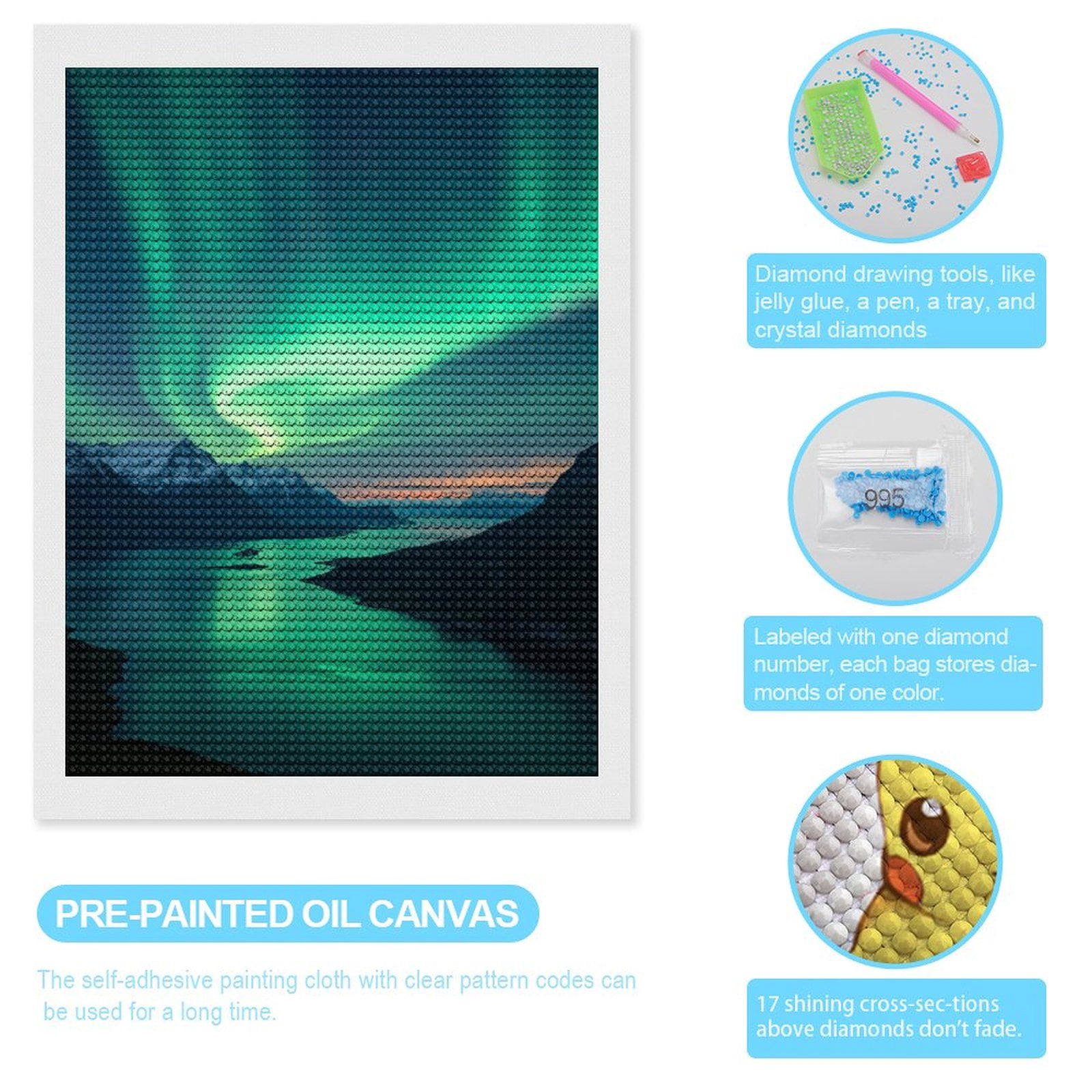Diamond Art Kits for Adults, Northern Lights Over Mountain Lake 5D Diamond Painting Kits for Adults Beginners, DIY Full Drill Diamond Painting, Gem Art and Crafts 12x16