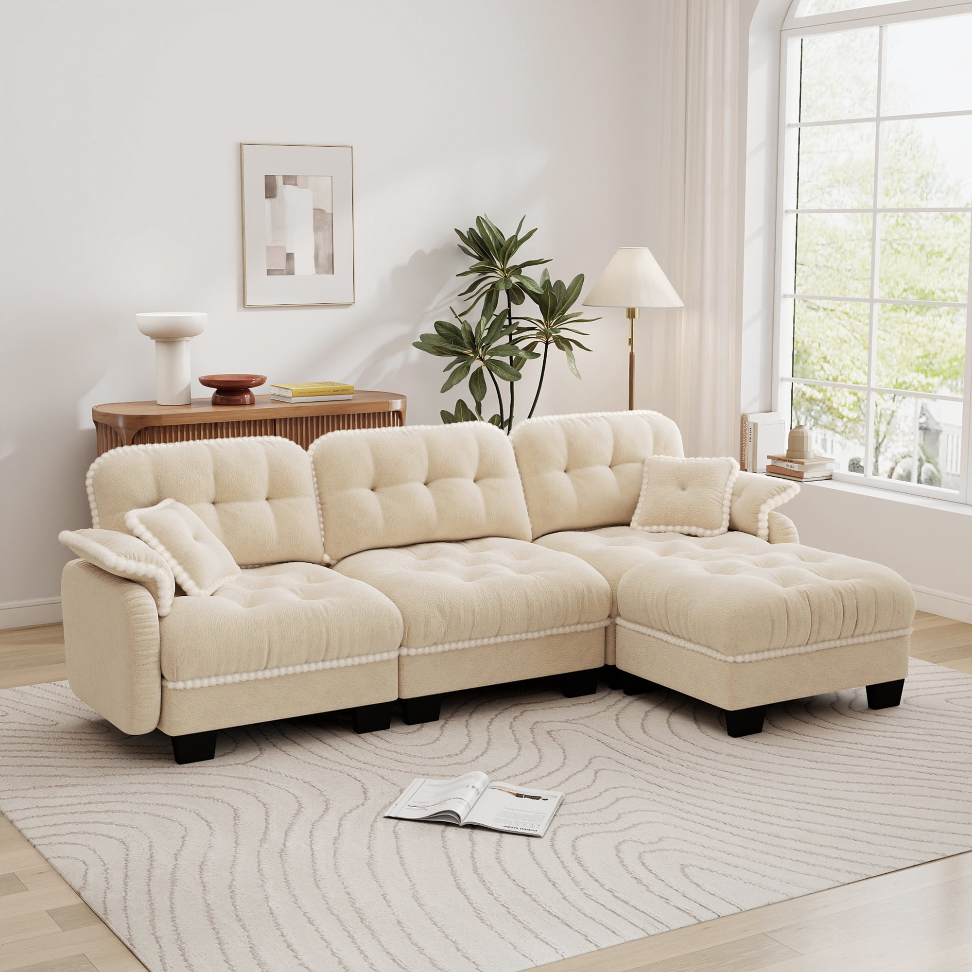 Aenkyo 100" Chenille Modular 3-Seater Sectional Sofa with Movable Ottoman, Beige