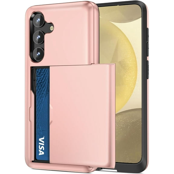for Samsung S24 Case with Card Holder 2024, Dual Layer Protective Shockproof Pocket Credit Card License Sturdy Shell Edge Slide Wallet Phone Case for Samsung Galaxy S24 6.2'' Rose Gold