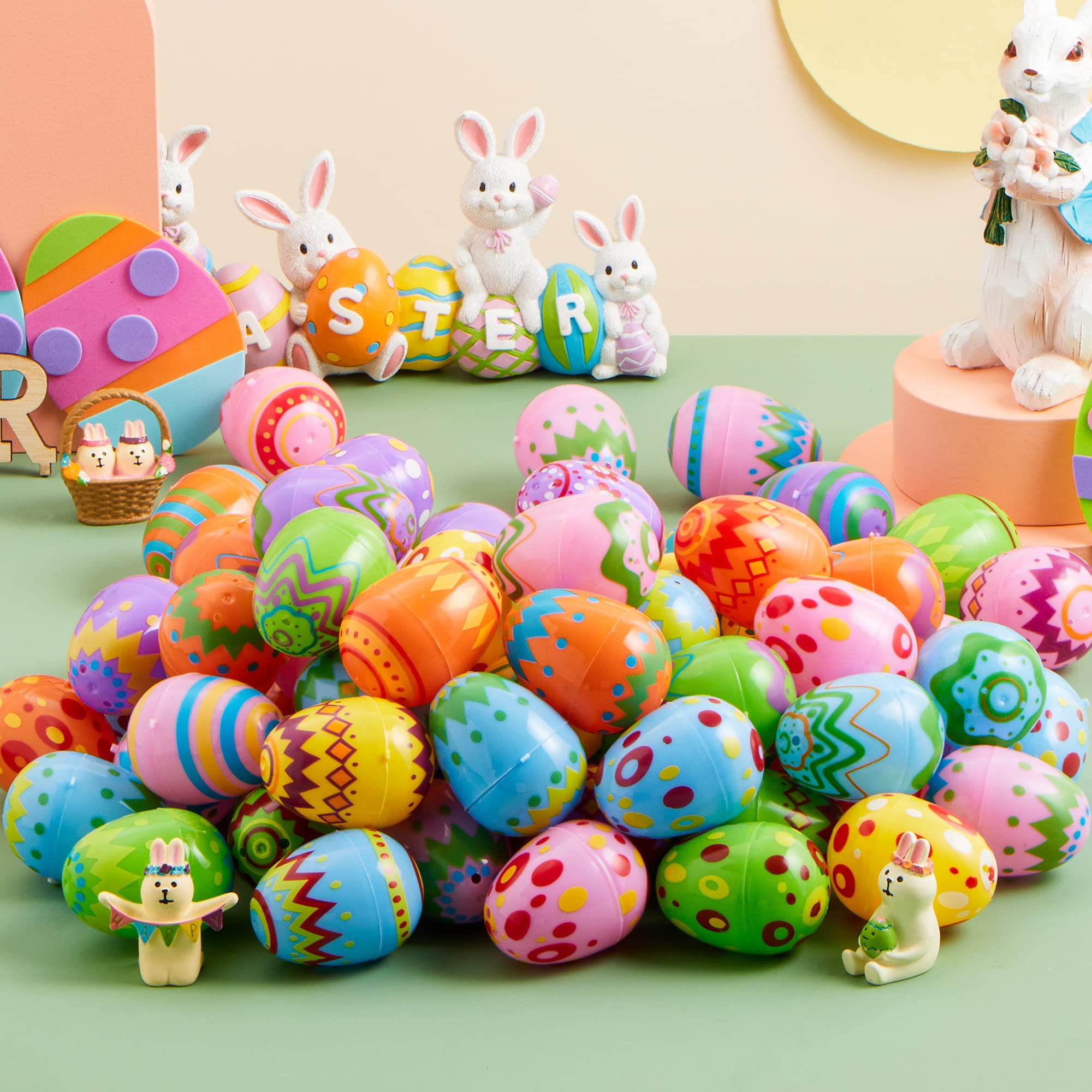 Joyfy 100 Pcs Plastic Printed Easter Eggs, 2.3" Fillable Empty Easter Eggs for Easter Hunt, Basket Stuffers Fillers, Classroom Prize Supplies, Filling Treats and Party Favor