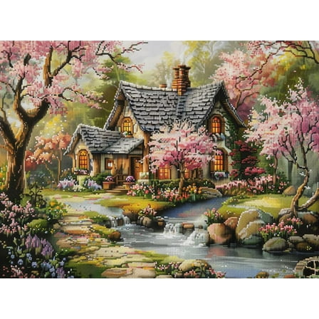 Cottage Flower River Landscape DIY 11CT Stamped Cross Stitch Kits for Beginners Easy Needlepoint Embroidery Counted Cross Stitch Art Craft for Wall Decoration 12x16inch(3)