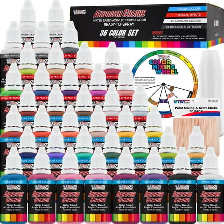 U.S. Art Supply 36 Color Deluxe Airbrush Acrylic Paint Set with Cleaner, Thinner, 100-Plastic Mixing