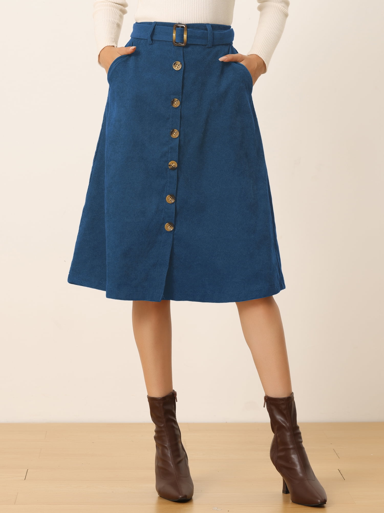 DARING DIVA Women's A-Line Button Front Belted Midi Skirts XL Peacock Blue