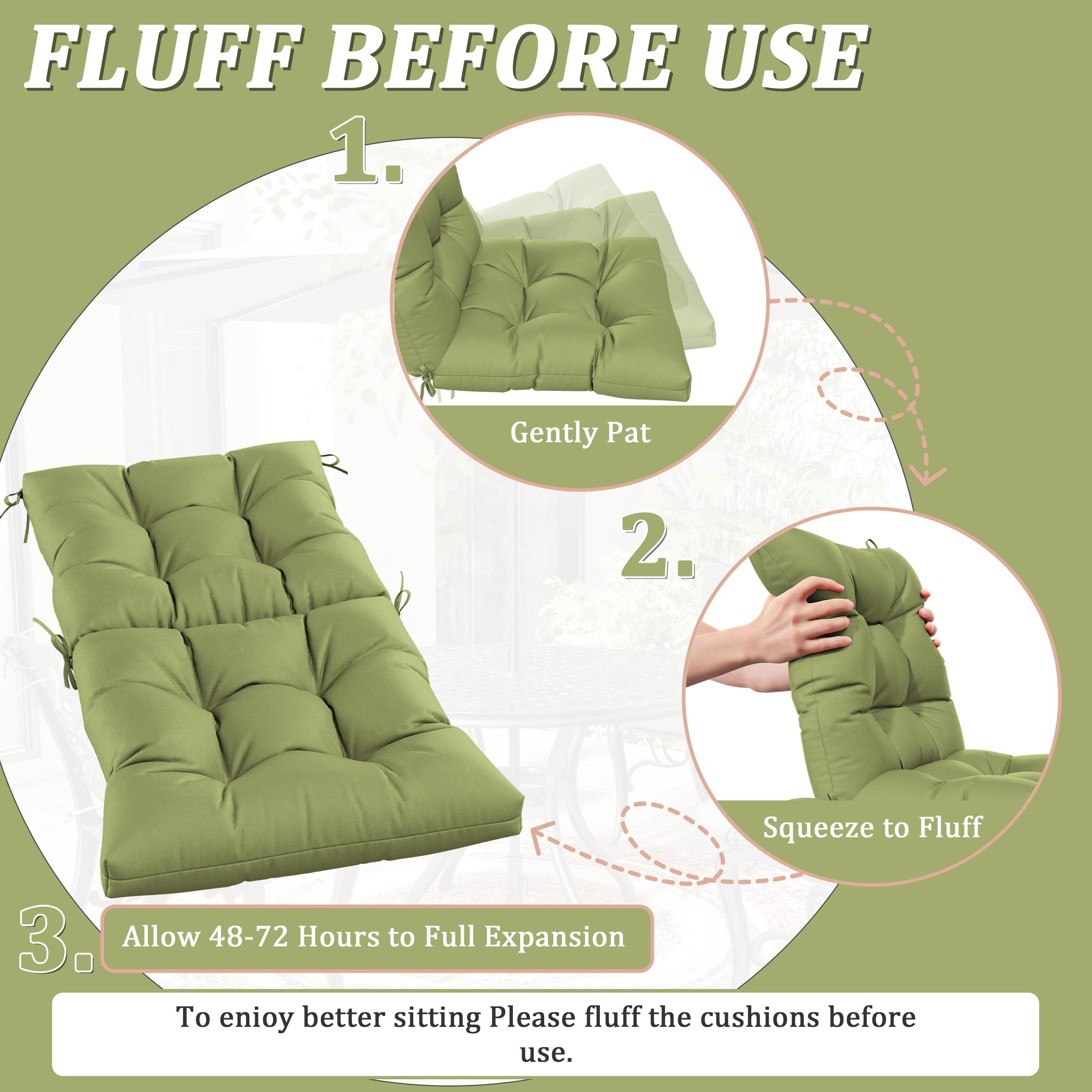 Snubbull Swing Cushions Set of 2, 42" × 21" × 5" Waterproof Rocking Chair Cushions with Ties for Outdoor Indoor Single Seat Cushions, Light Green