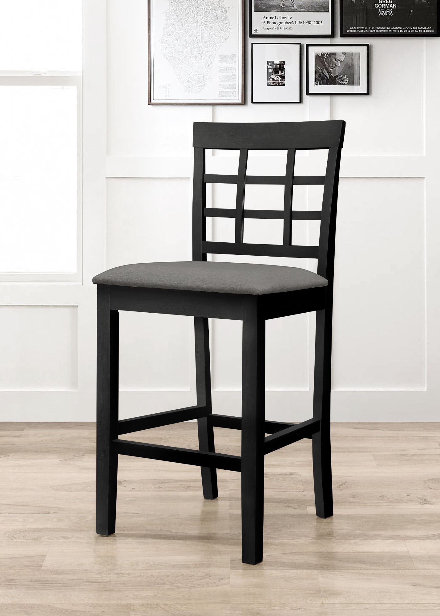 Home Design Azalea Counter Chairs (Set of 4), Black/Gray, Slat-back design, Padded seat, Comfortable seating, Sturdy frame, Modern minimalist style, Durable construction
