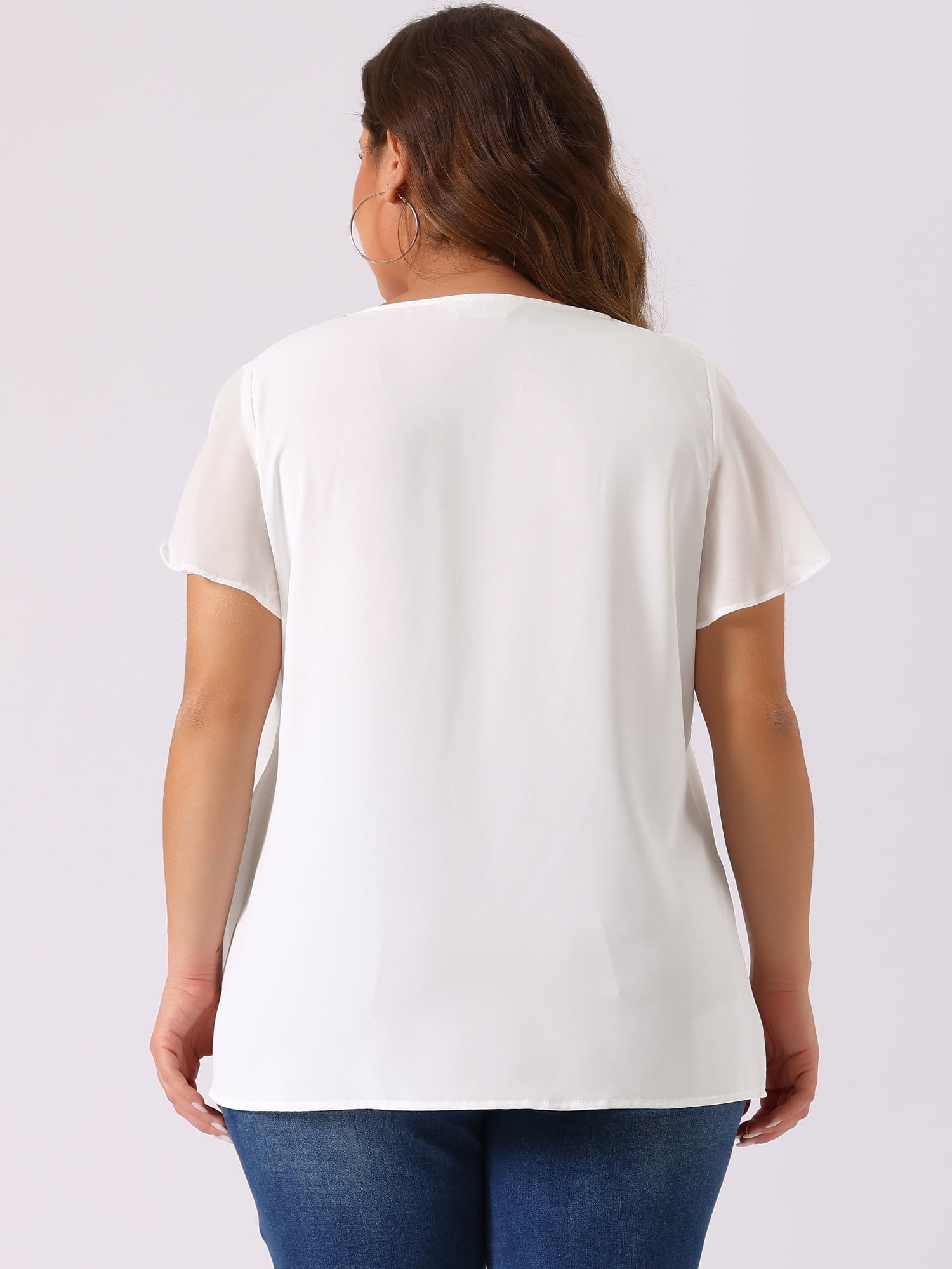 DARING DIVA Women's Plus V Neck Flutter Sleeve Layered Ruffle Top 3X White