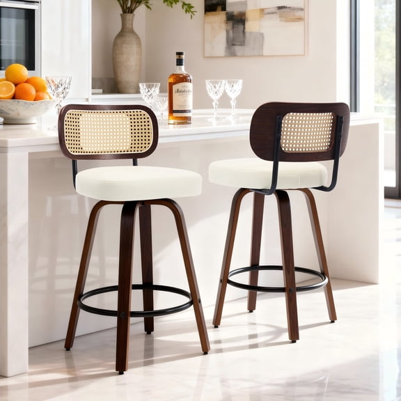 HUTWIFE Home Adult Faux Leather Upholstered Rattan Back Walnut Bentwood Leg Bar Stools - Set of 2, Beige