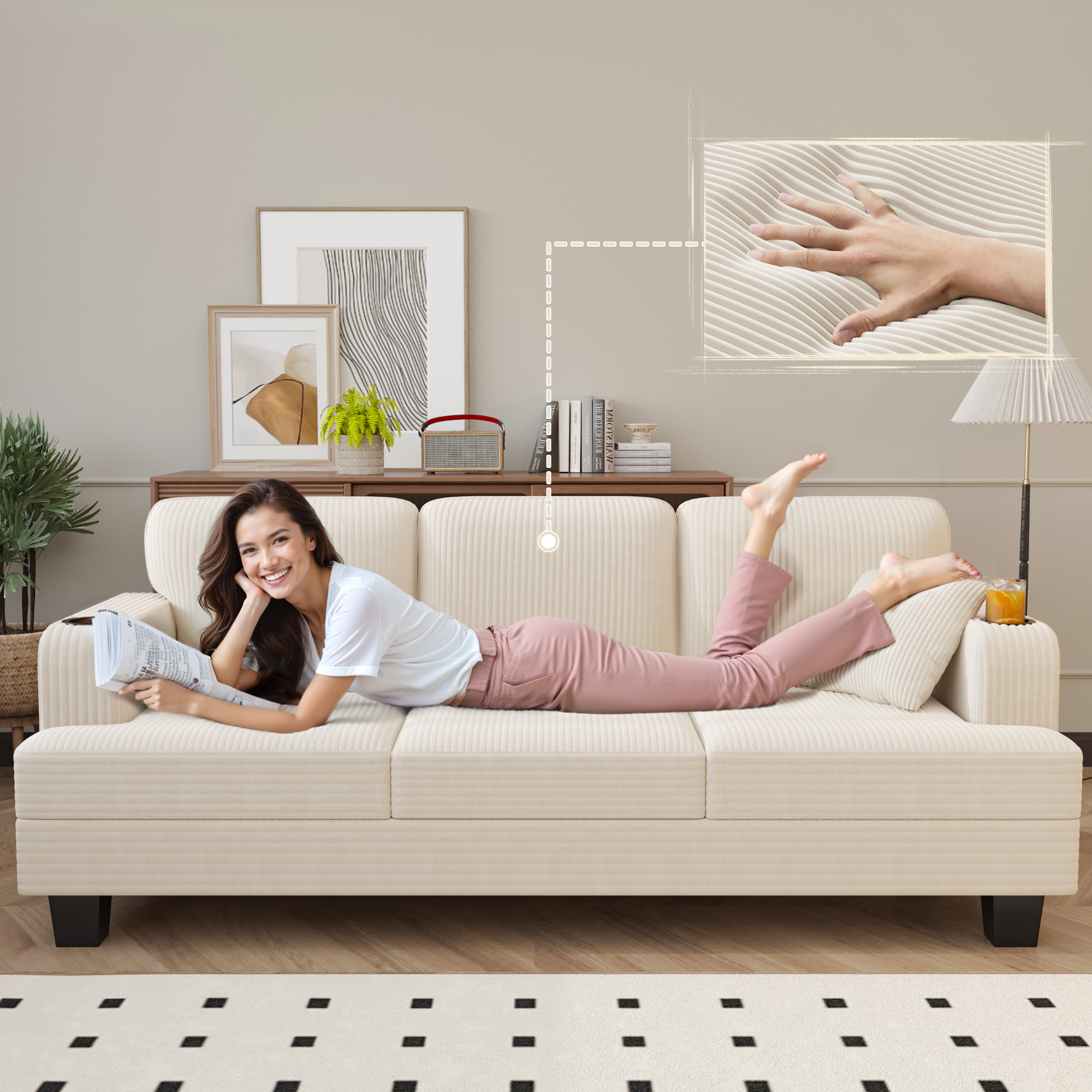 Furmax 84''W 3 Seat Sofa Couch Wide Armrest Modern Fabric Sofa with USB Charging Ports Corduroy Couch for Living Room,Beige