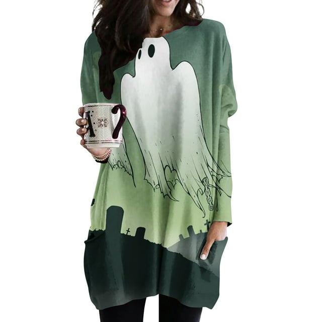 Halloween TIMIFIS Mode Automnale pour Femmes Robes d'Automne pour Femmes Grande Taille Col Rond Imprimé d'Halloween Manches Longues Robe Ample Robes de Retour à la Maison