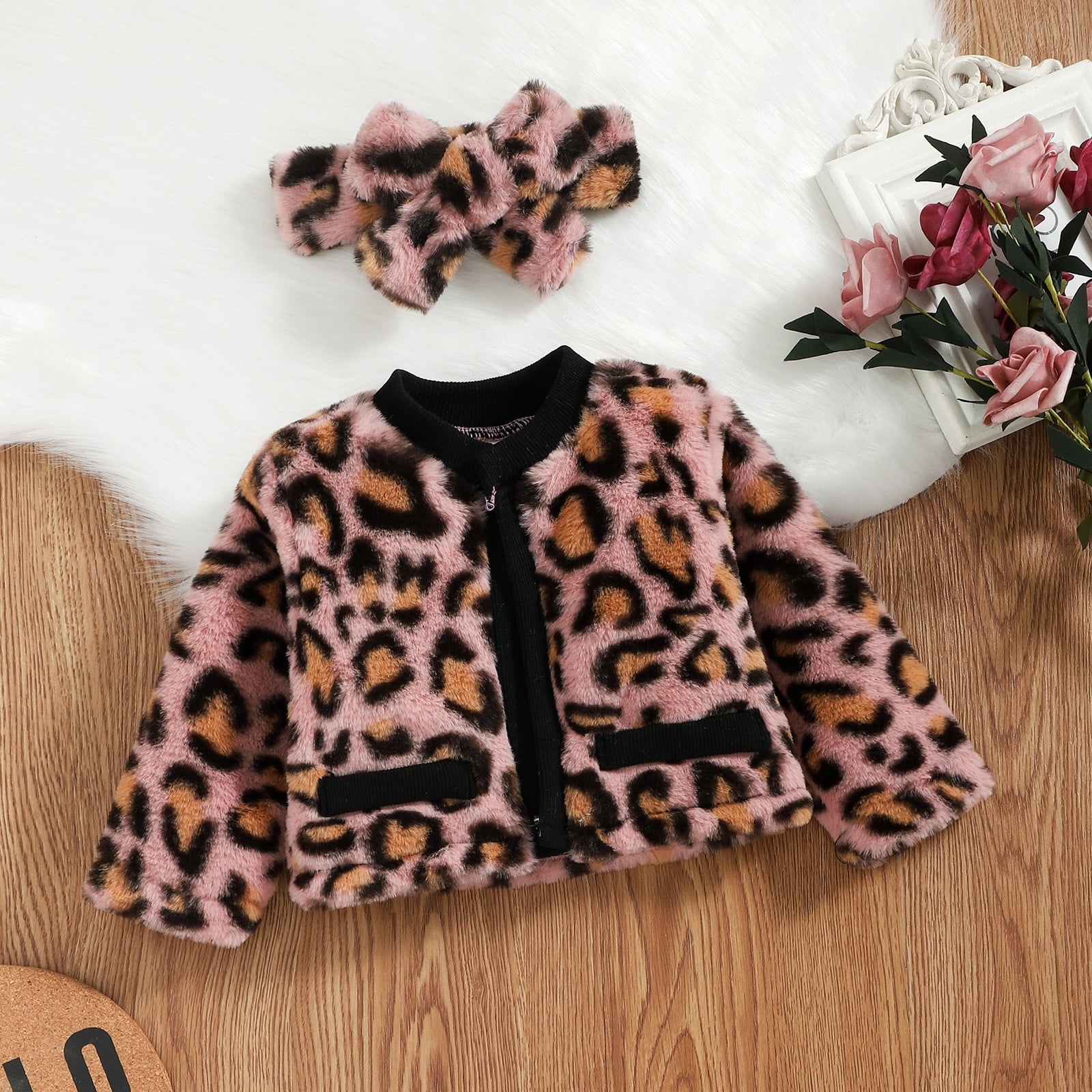2pcs Baby Girl Letter Print Black Ruffle Splicing Sunflower Leopard Print Puff-sleeve Dress with Headband Set