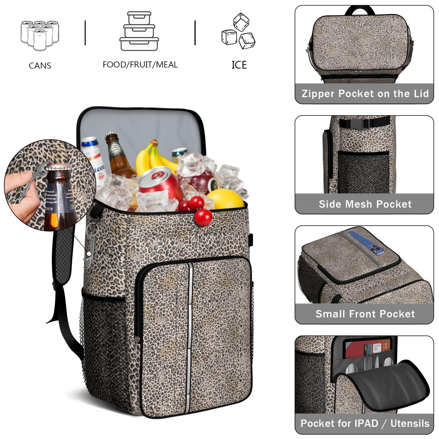 Travel Cooler Bag - Black and Tan Leopard Print Camping Beer Cooler Backpack with Bottle Opener- Waterproof Insulated Picnic Backpacks - Cooler Bag for Beach