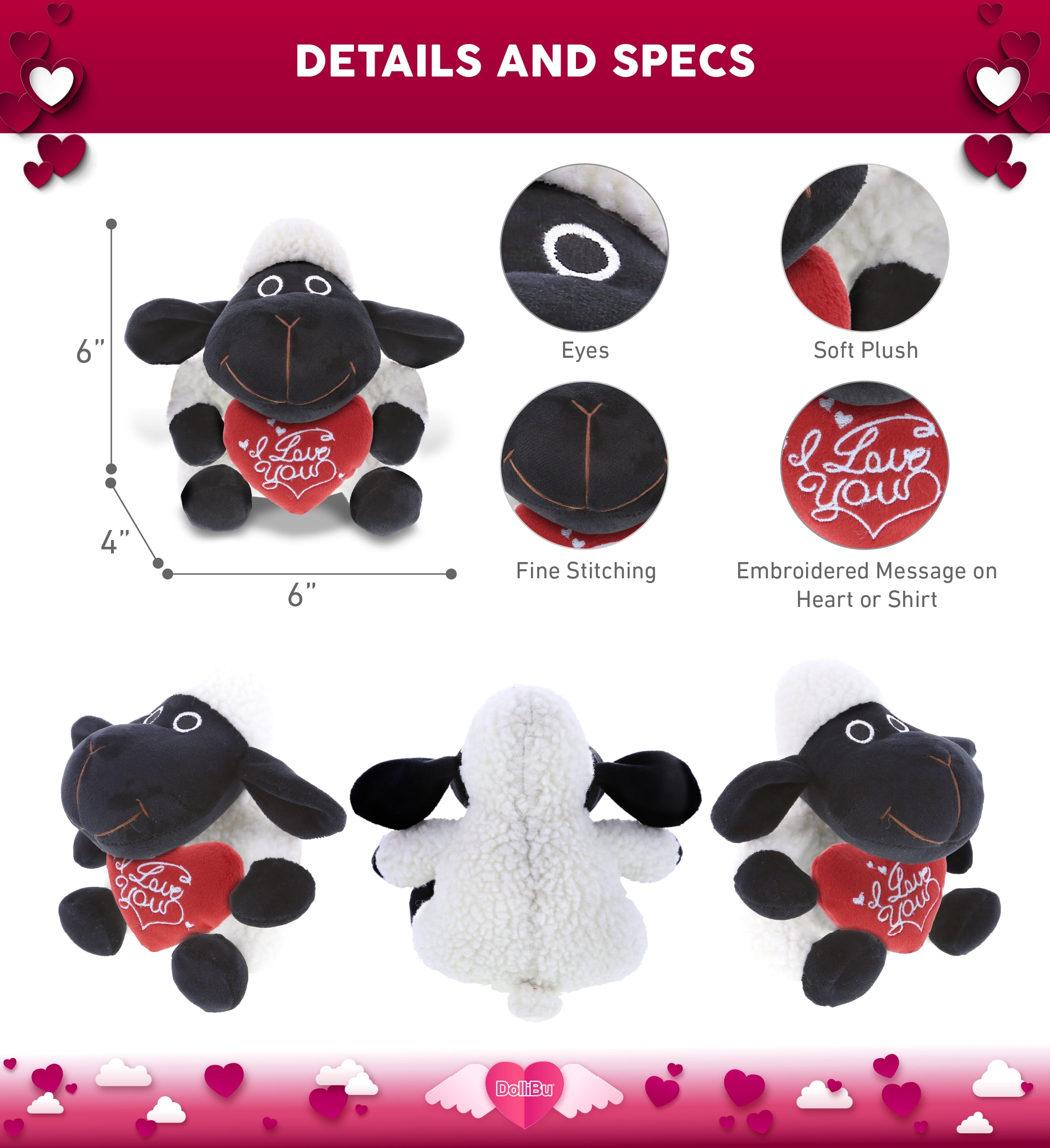 DolliBu 'I Love You' Plush Sheep Handbag - Personalized Stuffed Animal With Red Heart, 7 Inch Gift For Valentine's Day