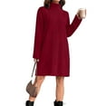 thumbnail image 2 of Women's Sweater Dress Knit Dress High Neck Long Sleeve Ribbed Loose Fit Warm Comfortable Winter Dress for Casual Loungewear,Wine,S, 2 of 7