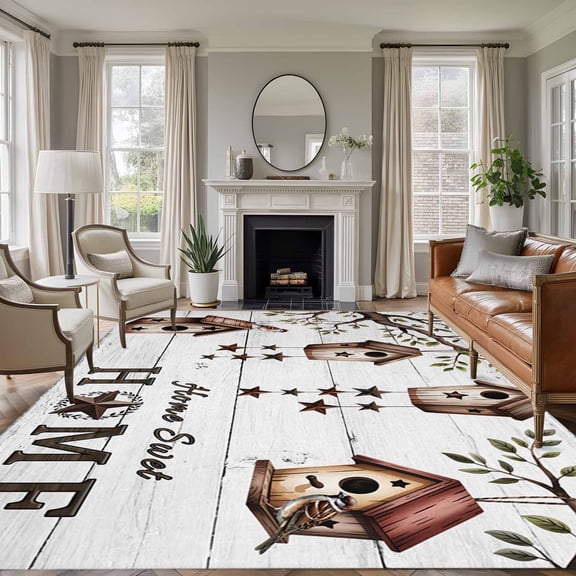 Sweet Home Area Rug 5x7 Washable Rug Non Slip Western Stars Bird Houses White Wood Plank Large Area Rug Soft Stainresistant Indoor Floor Carpet for Living Room Bedroom Home Office Dining Room Nursery