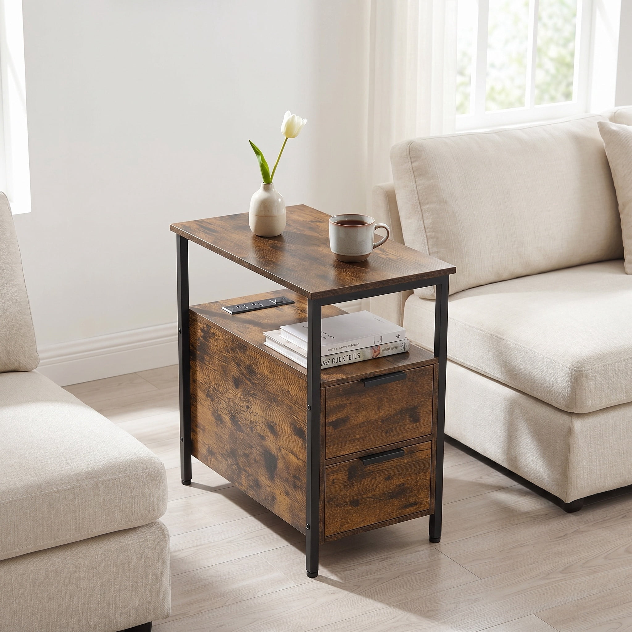 Nordic Hygge Slim Side Table with Charging Station and 2 Storage Drawers, Rustic Brown/Ink Black