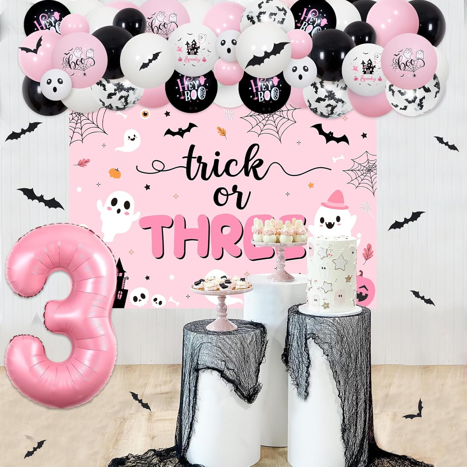 Halloween 3rd Birthday Decorations Trick Or Three Balloon Garland Arch Kit for Girls, Pink White Bat Wall Stickers Ghost Balloon Backdrop Halloween Third Birthday Party Decor Supplies