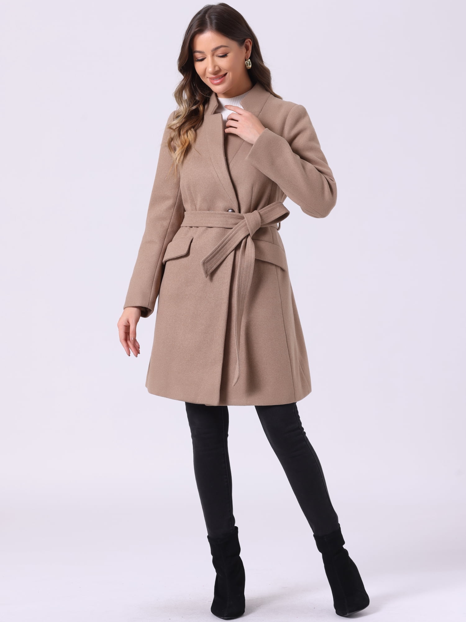 DARING DIVA Women's Vintage Belted Coat Stand Collar Winter Outwear Coats Dark Beige L