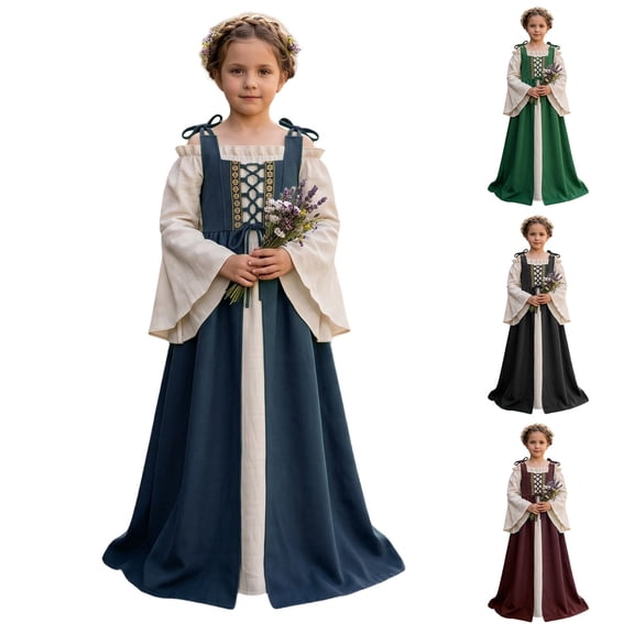 Liyamei Girls Medieval Court Dress Long Sleeve Off Shoulder Stage Performance Gown 3-10Y