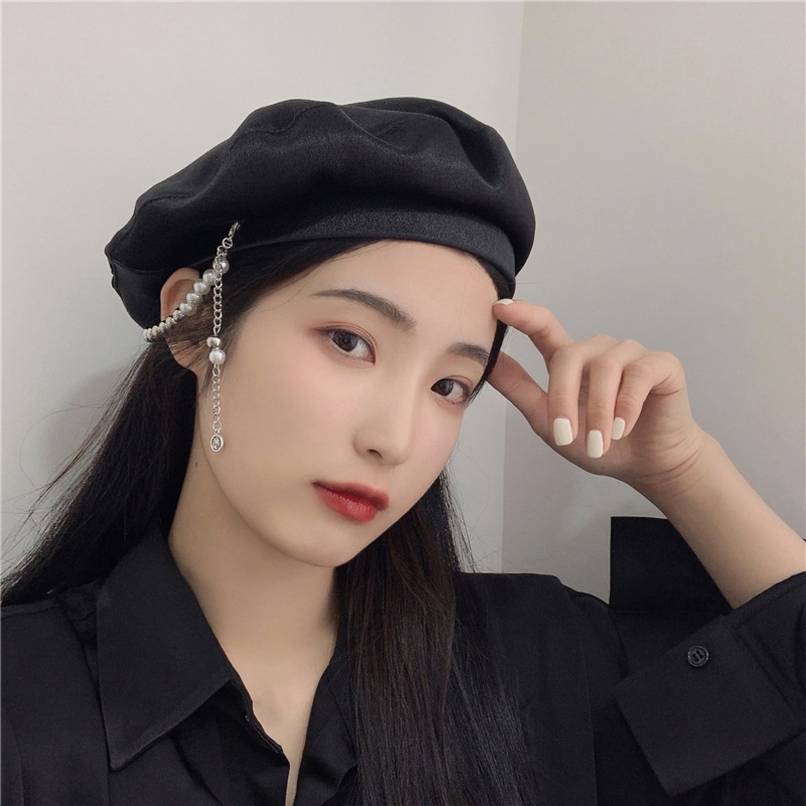 8746 Berets Hat With Pearl French Beret Hats For Women Beret With Mesh Solid Pearl Beret Hat French Style Beanie Cap Solid Color Winter  main image 3
