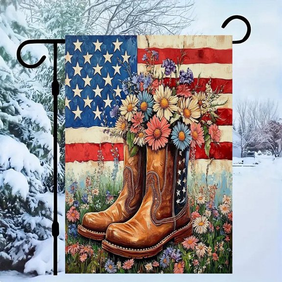 RKSupls Patriotic Linen Double Sided Garden Flag, Independence Day Themed Yard Decor, Cowboy Boots Wildflowers Flag Outdoor Banner for Holiday Lawn