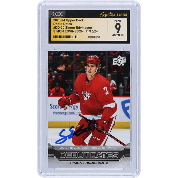 Simon Edvinsson Detroit Red Wings Autographed 2023-24 Upper Deck Series 1 Debut Dates #DD-20 CGC Fanatics Witnessed Authenticated 9/10 Rookie Card - Fanatics Authentic Certified