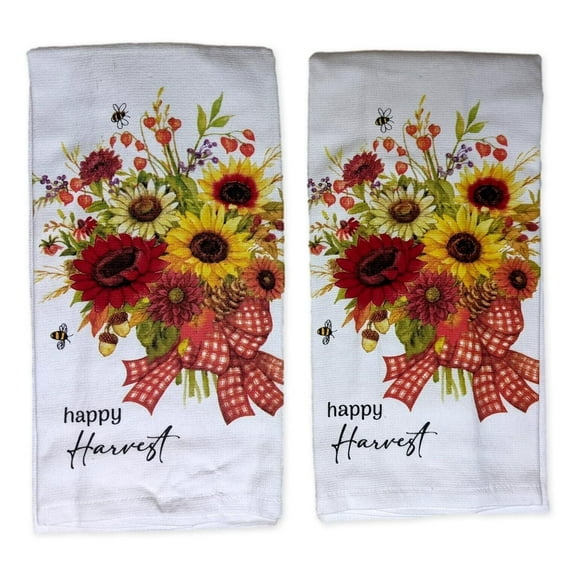 Set of 2 Harvest Sunflower HAPPY HARVEST Terry Kitchen Towels by Kay Dee Designs