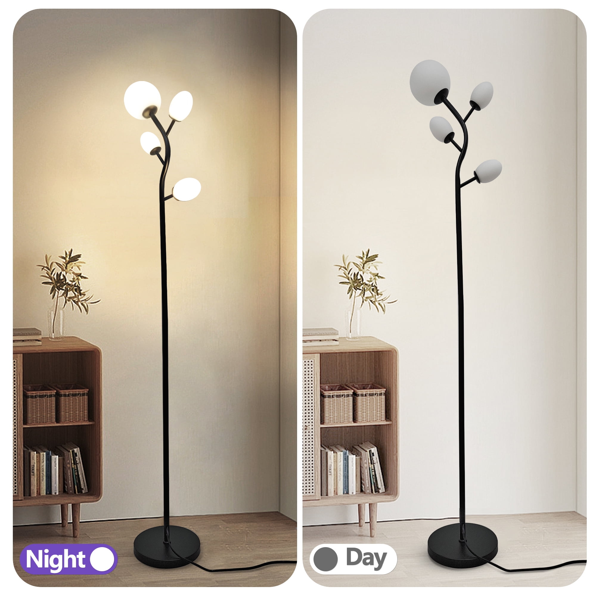 GCGAFUL 4-Light Glass Floor Lamp for Living Room, Modern Black Tree-Style Standing Lamp with Weighted Base, 3000K Warm Soft Light for Bedroom Office