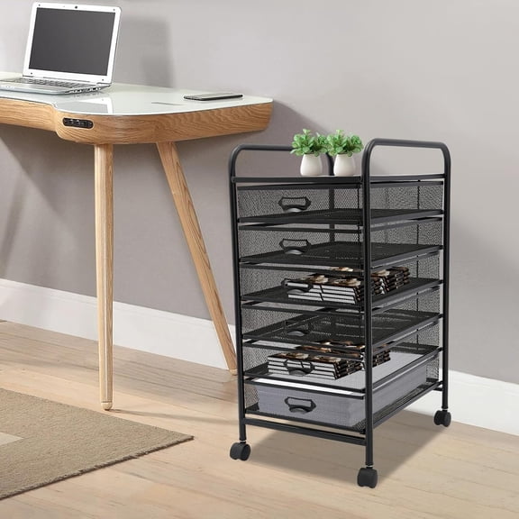 6 Tier Rolling File Cabinet with Drawers, Metal Mesh Storage Cart for Office Home Kitchen Utility Supplies Organization