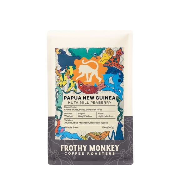 Papua New Guinea Kuta Mill Peaberry - Roasted by Frothy Monkey Coffee Roasters - Freshly Ground Coffee - 12oz Bag
