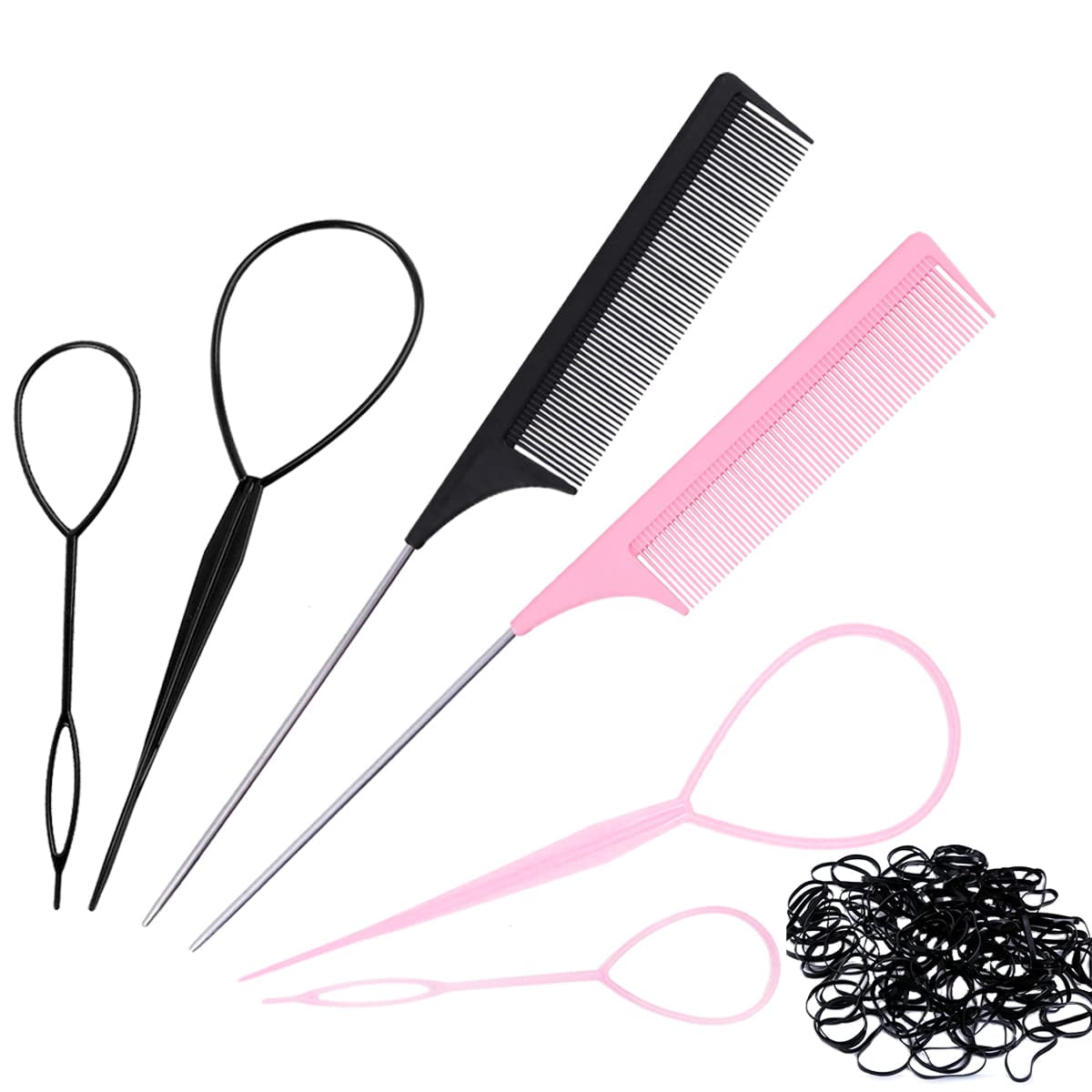Hair Tail Tools, 6 Pcs Topsy Hair Loop Styling Set, 4 Pcs French Braid Tool  Loop, 2 Pcs Tail Braiding Combs, 50 Black Rubber Bands 